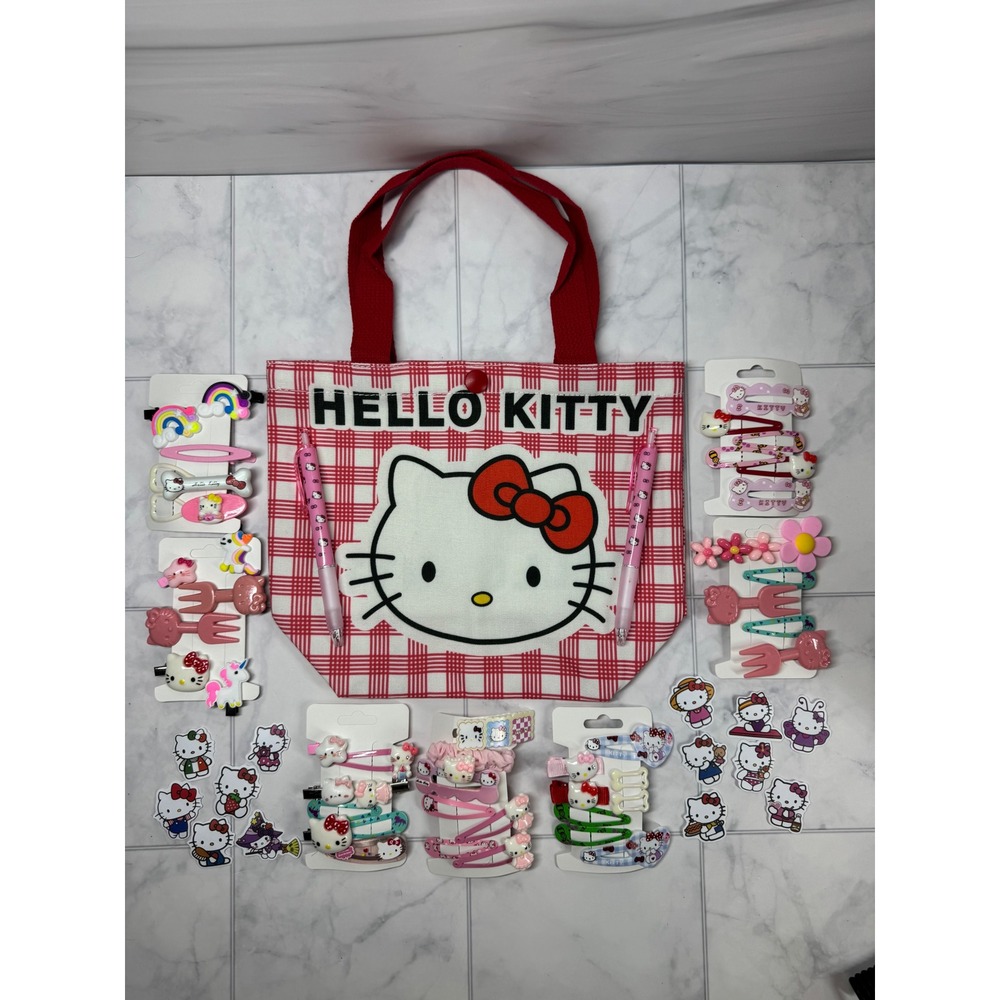 Hello Kitty Plaid Tote Bag Gift Set with Pens Hair Accessories and Stickers NWT